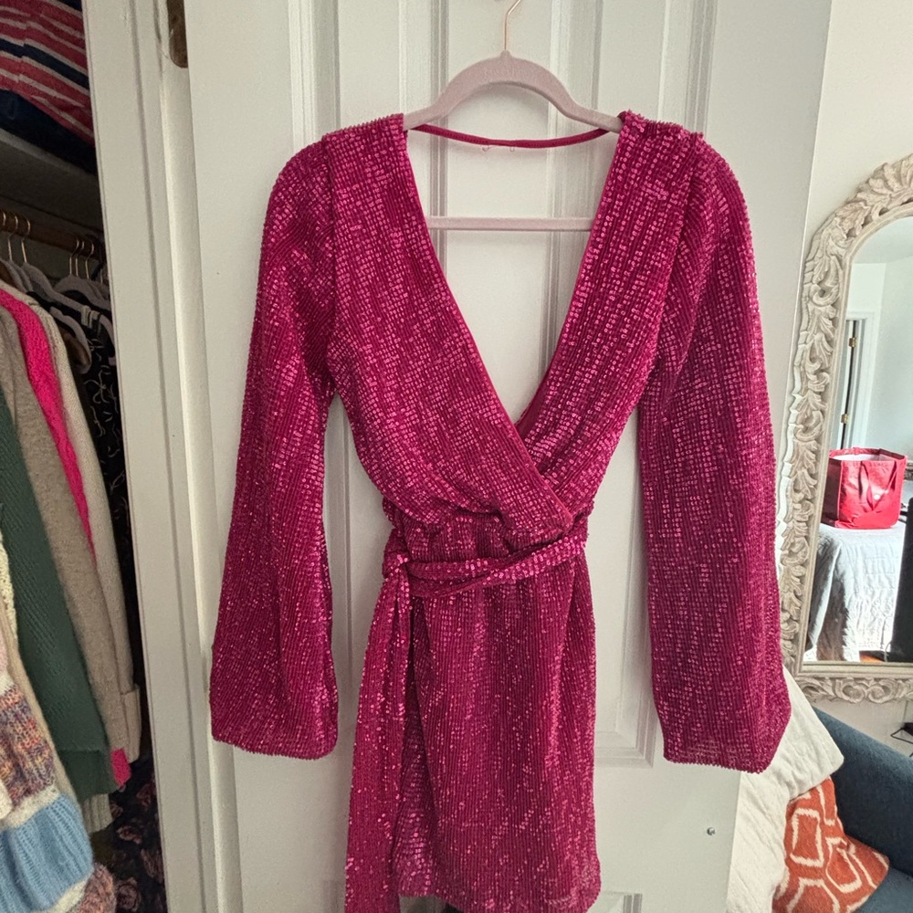 Pink Sequin Wrap Dress